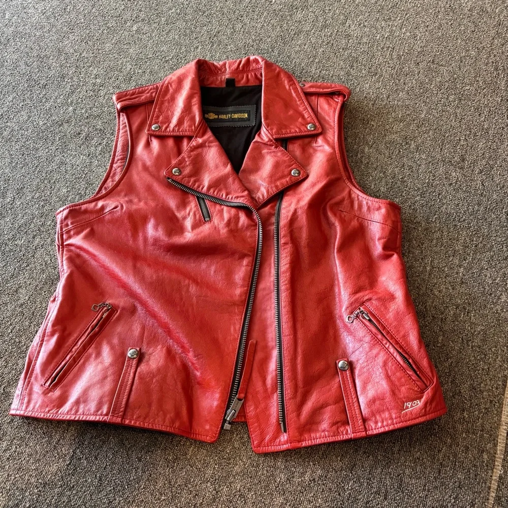 Harley-Davidson Red Leather Biker Vest - Picture 1 of 7
